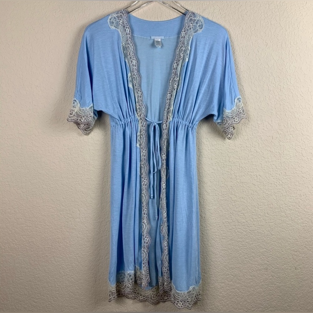 EBERJEY Short Sleeve Lace Kimono Robe Blue, Size Medium